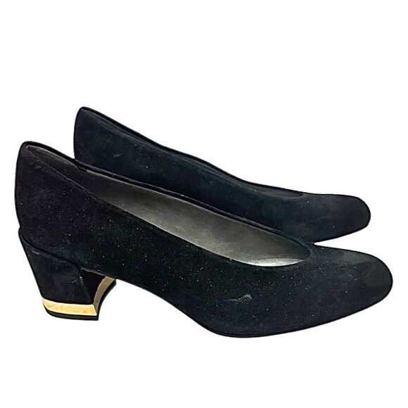 Stuart Weitzman Black Suede Pumps Block Heel Gold Accent Comfort Size 6.5 Medium - Picture 7 of 9